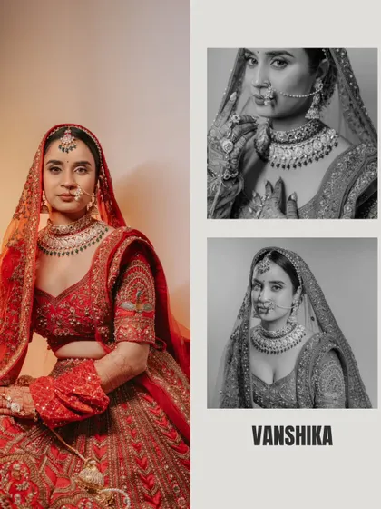 A collage showcasing the bride Vanshika in both color and classic black and white, highlighting her expressive features and stunning jewelry.