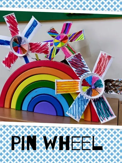Children colored and constructed their own pinwheels. This craft is not only fun to make but also serves as a simple lesson in wind and movement when they take it outside to play.