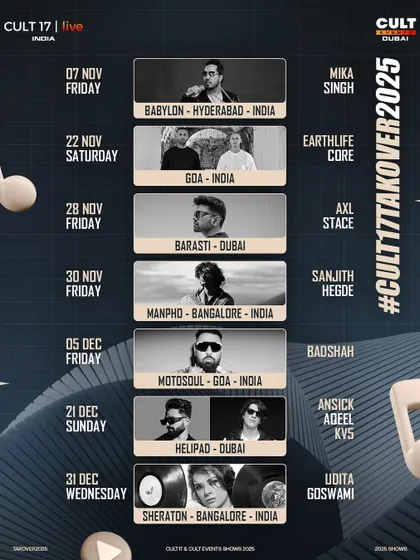 This is what a CULT 17 takeover looks like. We plan and execute multi-city, multi-artist tours across India and Dubai, managing complex schedules, venues, and logistics to create a cohesive and powerful tour experience.