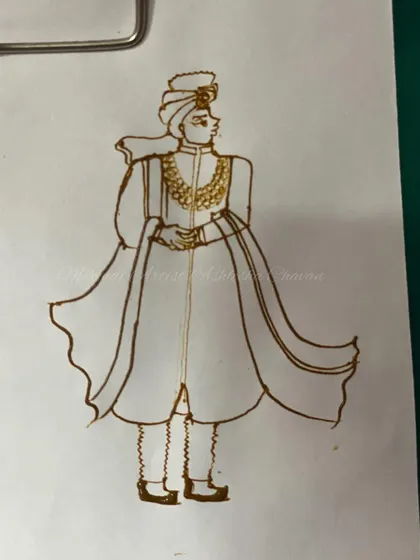 A practice sketch of a groom figure in traditional attire. This is how I perfect my figure work before applying it to a client's hand.