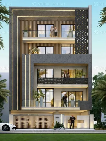 The 3D design for a multi-level residence in Delhi, featuring integrated lighting strips and decorative jali screens on the balconies. This render provided a clear vision for the project, which was then constructed as shown in image 28.