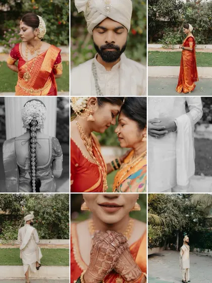 A mood board of a South Indian wedding, featuring details like the bride's hair, a tender moment with her mother, and solo portraits.