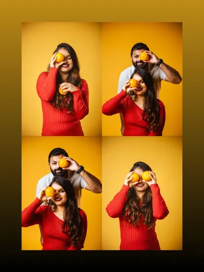 A playful four-panel image of a couple having fun with oranges in the studio. These candid shots are perfect for showing your fun-loving side.