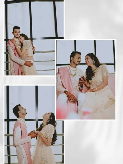 A collage of candid and happy moments from an engagement shoot, showing the couple's playful and loving interactions.