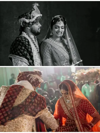 A collage of two moments from the wedding ceremony. One in black and white showing a quiet, intimate glance, and the other a colorful shot of the rituals. This shows the different facets of a wedding day.