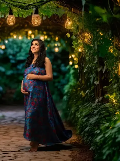 A magical, fairy-tale portrait. This image combines a studio photo with an AI-generated background of an enchanted, light-filled pathway, creating a truly unique piece of art.