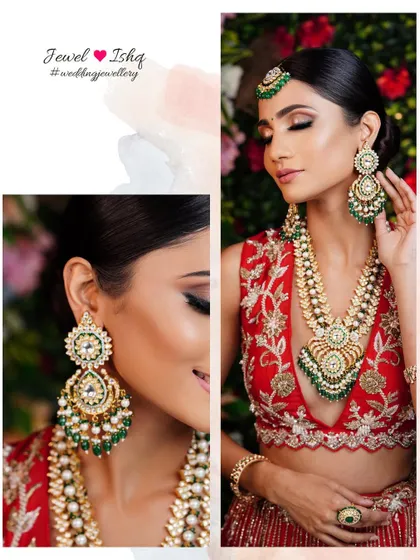 This collage highlights the details of the statement kundan earrings and the intricate, plunging neckline necklace, showing how they complement the red outfit.