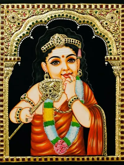 An unframed view of the young Lord Murugan Tanjore painting. The black background emphasizes the radiant gold arch and the deity's gentle expression, making it a captivating piece.