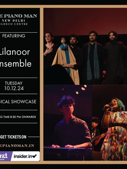 A promotional graphic for our musical showcase at The Piano Man, featuring photos from both our 'Buried Treasures' and other musical performances.