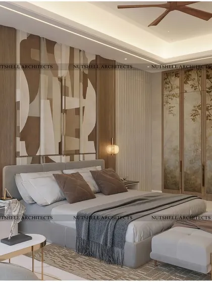 This angle showcases the custom wardrobe with its delicate, nature-inspired embroidery. The design integrates seamlessly with the room's warm, sophisticated, and timeless aesthetic.