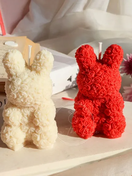 Another look at the red and ivory Rose Bear candles. They are a customer favorite for Valentine's Day and anniversaries.
