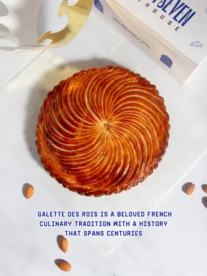 An overhead shot of the beautifully scored Galette des Rois.
