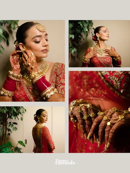 A collage of the bride getting ready, focusing on the intricate details of her jewelry, makeup, and the final touches that complete her stunning look.