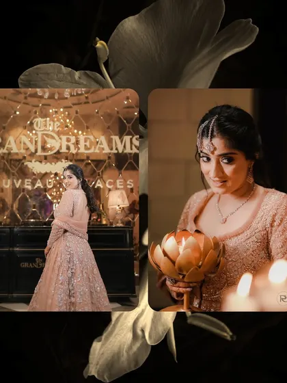 A collage of the bride at her Sufi night, showing her elegant outfit and the beautiful, candle-lit decor of "The Grand Dreams" venue.