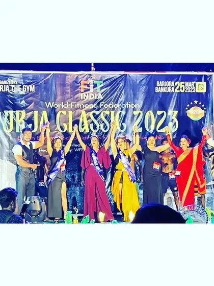On stage with fellow competitors at the Urja Classic 2023. The fitness community is all about supporting each other's hard work and achievements.