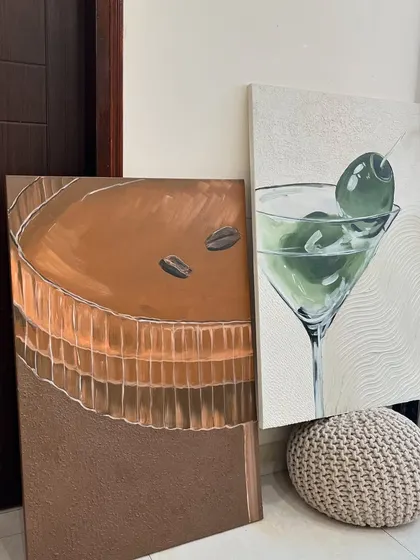 This pair of 3ft by 2ft paintings, one featuring a martini and the other an abstract coffee design, were created for a client in Bhopal. They are perfect for a bar or restaurant space.