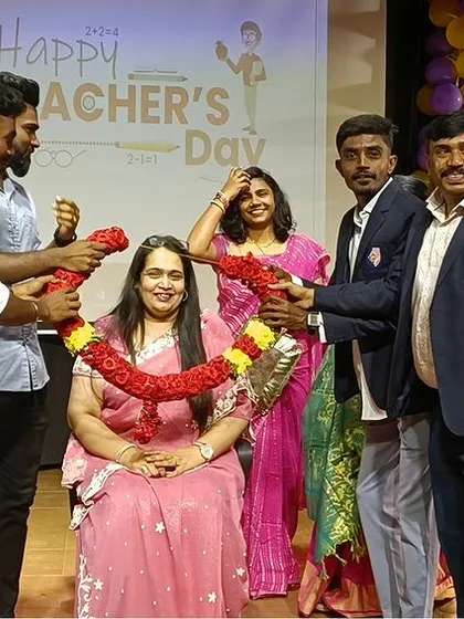 Our principal is felicitated with a garland during the Teacher's Day celebration, a mark of respect and appreciation from the school community.