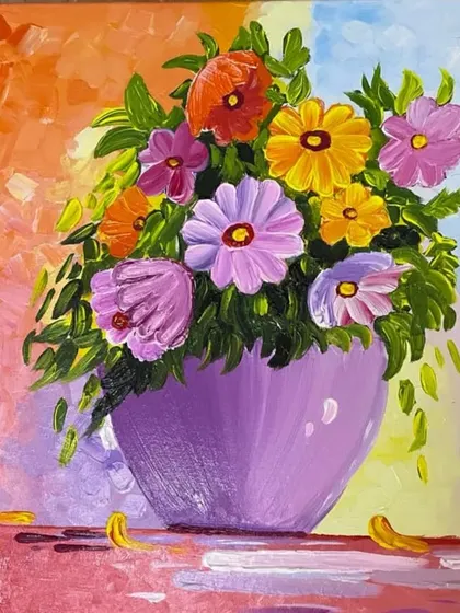 Completed entirely through online classes from Qatar, this vibrant floral painting by Nusrat Khan shows that you can learn to paint beautifully from anywhere in the world.