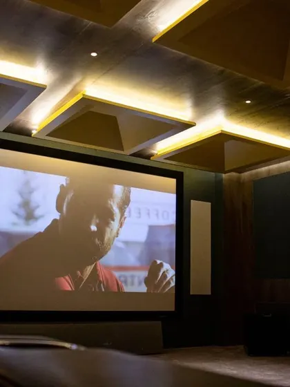A closer look at one of our premium home cinema demonstration rooms, featuring advanced acoustic treatments and a large projection screen for an unparalleled movie-watching experience.