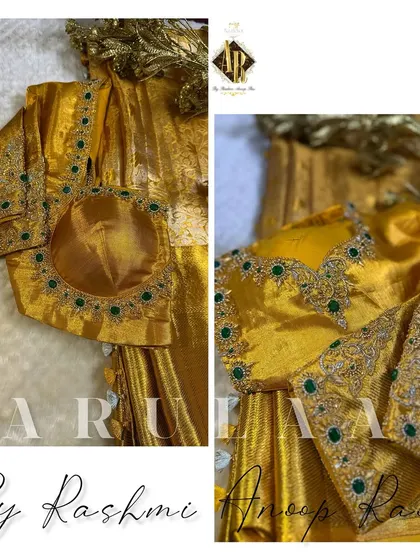 A rich mustard yellow blouse with green stonework. The sleeves feature a unique circular embroidered patch, making it a standout piece for any festive occasion.