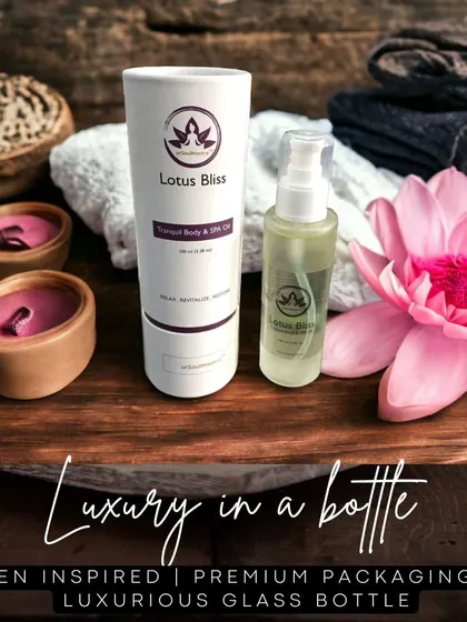 This is luxury in a bottle. My Lotus Bliss Tranquil Body & SPA Oil comes in a premium glass bottle, reflecting the natural, high-quality ingredients inside. It's designed to be a beautiful addition to your self-care sanctuary.