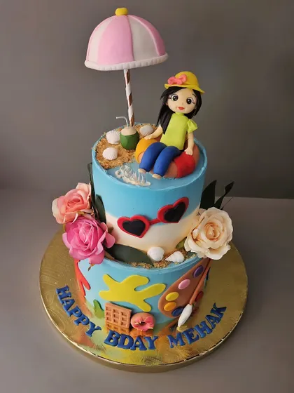 Tell me what you want on your cake and it will be done. A chocolate mousse cake for Mehak, decorated with all her favorite things: the beach, art, and waffles.