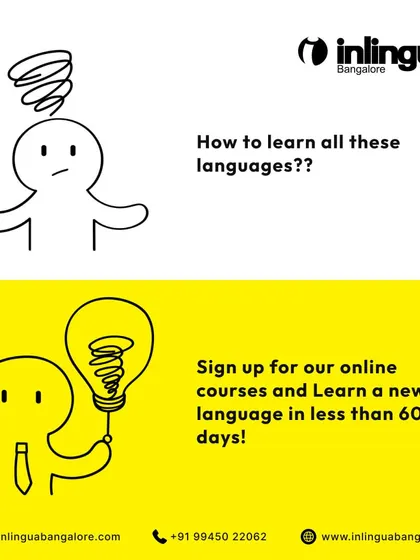 A simple, cartoon-style graphic asking "How to learn all these languages?" and providing the answer: sign up for our online courses.