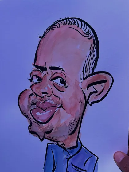 A colorful caricature with bold lines and playful exaggeration. The blue and orange tones create a dynamic and eye-catching portrait.