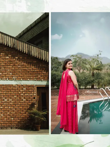 A diptych showing a woman in a pink traditional outfit, posing against a modern brick building and by a pool. It highlights the versatility of the location for different portrait styles.