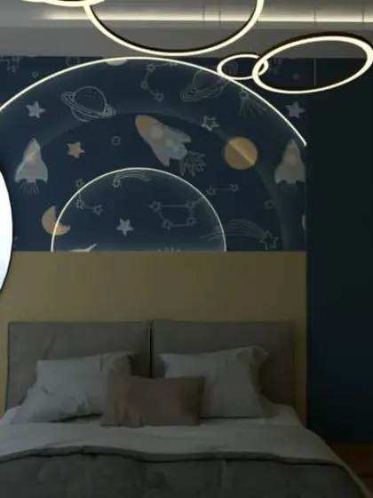 A whimsical, space-themed bedroom concept with custom lighting and a galaxy-inspired feature wall.