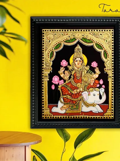 Our Lakshmi on Airavata painting, displayed in a home setting. The artwork is a beautiful and auspicious addition, perfect for inviting wealth and good fortune into your life.