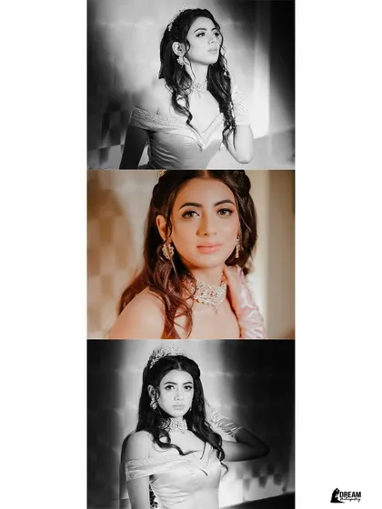 A triptych of portraits of bride Priya, mixing color and monochrome to highlight her beauty at her Sagan.