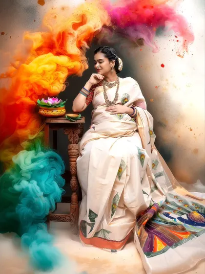 Wrapped in tradition, painted in colors of joy. Every fold of the saree tells a story, and every hue whispers celebration in this Holi-themed portrait.