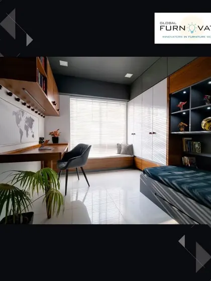A minimalist bedroom design featuring a built-in desk and a bay window seating area. The room combines dark wood tones with light grey walls and white wardrobes for a sophisticated, high-contrast look.