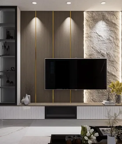 This custom media wall combines a variety of textures, including wood paneling, a raw stone accent, and sleek laminates, to create a sophisticated entertainment center. The strategic use of spotlights and pendant lights highlights the different materials and adds depth to this modern living room.