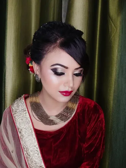 The complete look is perfect for any festive occasion or wedding party.