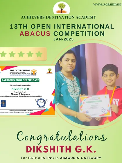 We celebrate our Dubai student, Dikshith G.K., for his participation and achievement in the 13th Open International Abacus Competition.