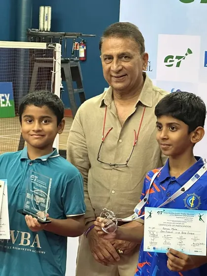Our young champion Ajinkya Desai with cricket legend Sunil Gavaskar after securing a silver medal in the Under 13 Boys Singles event.