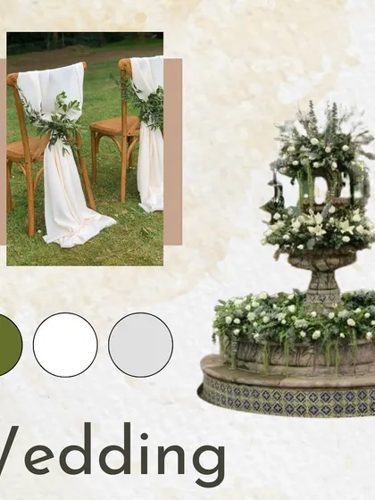 The 'Luxe Garden' wedding moodboard. We envisioned an oasis of lush greenery and exquisite white blooms, blending timeless elegance with grand sophistication.