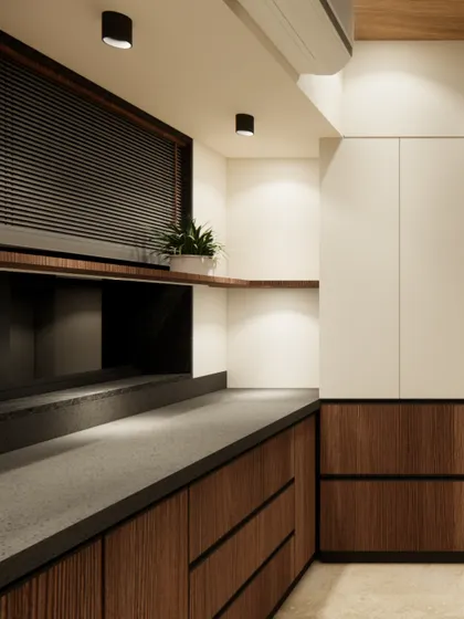 The kitchen cabinetry combines teak wood with clean white surfaces, creating a balanced and modern look. The dark countertop provides a durable and practical workspace.