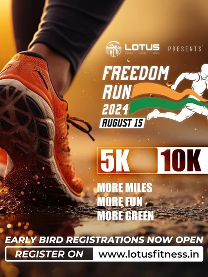 The official poster for the Freedom Run 2024, inviting participants to join the 5k or 10k race for "more miles, more fun, more green."