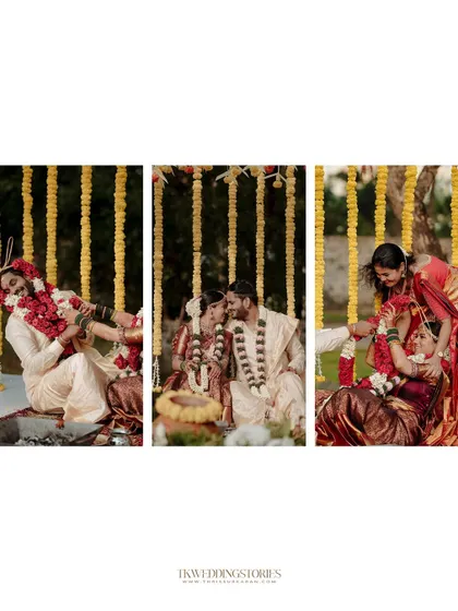 A fun, candid collage of a couple playfully interacting during their South Indian wedding rituals.