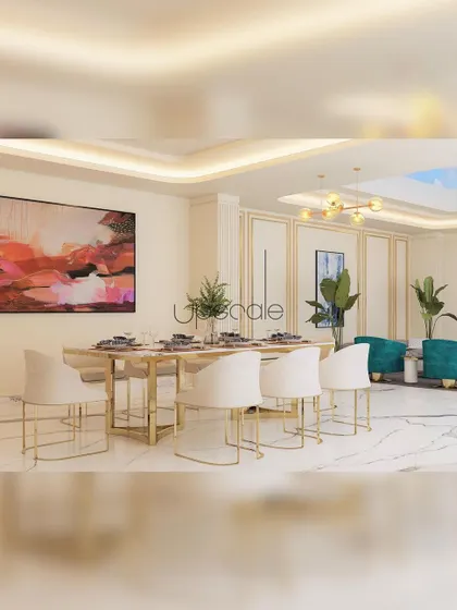 We use 3D renders to help you visualize your future space with complete clarity. This render of a dining area showcases a design with a central skylight, elegant wall paneling, and a mix of neutral tones with bold teal accents, allowing for client feedback before any construction begins.