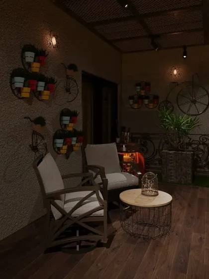 The same rustic balcony at night. Warm, ambient lighting highlights the textures of the stone planters and wooden furniture, creating an intimate and cozy atmosphere perfect for a quiet evening.