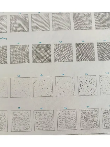 A practice sheet showing various drawing techniques, which are then applied to create more complex illustrations.