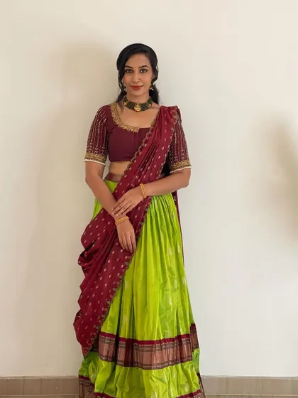 A final look at this complete rental outfit. Contact me to book this beautiful half saree for your next special day.