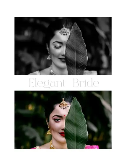 An artistic and creative portrait of the bride, playing with light and shadow. The "Elegant Bride" text complements the sophisticated feel of the image.