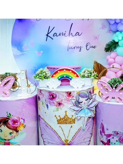 A close-up of the themed pedestals for Kanha's birthday.