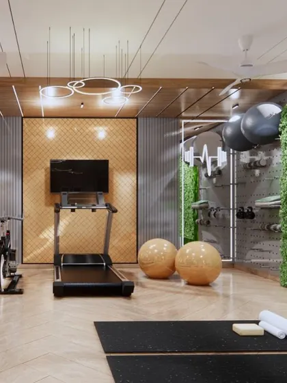 Another view of the home gym, highlighting the green wall and dumbbell rack. The design is clean, organized, and motivating, with everything you need for a great workout.