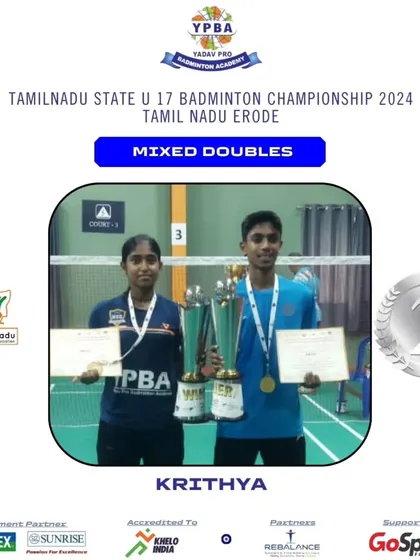 Krithya securing a Silver medal in Mixed Doubles at the Tamil Nadu State U17 Badminton Championship.
